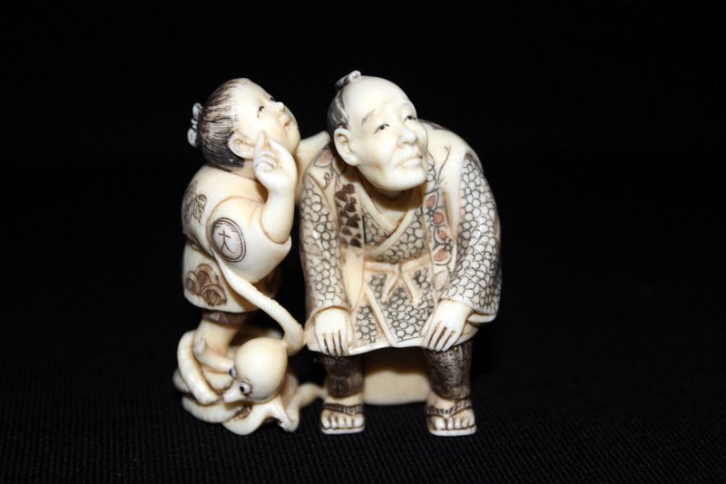 Chinese Carved Polychrome Ivory Group Netsuke (1 of 3)