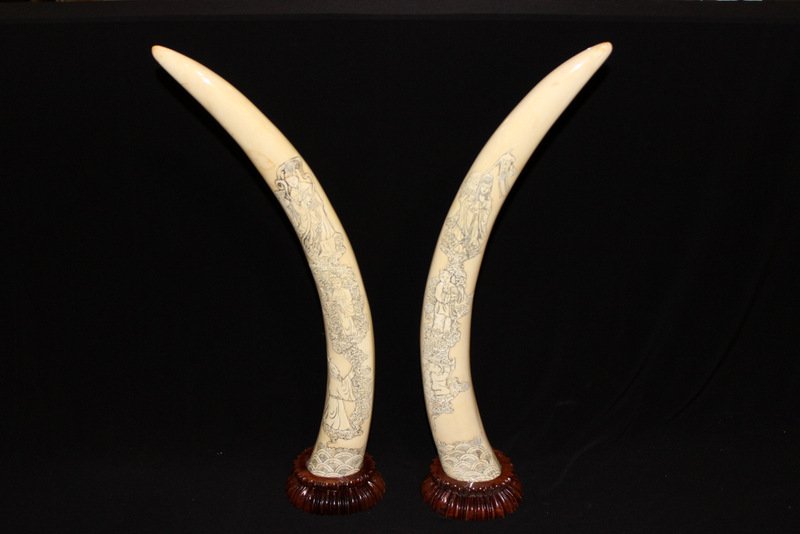Pair of Chinese Carved Ivory Figural Tusks (1 of 9)