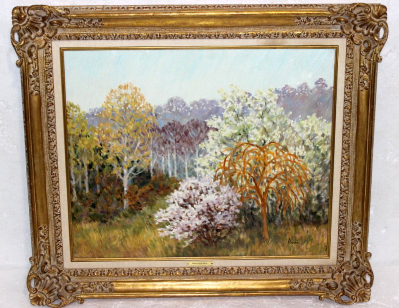 Impressionist Marie Lucie Nessi Oil on Canvas: Impressionist Marie Lucie Nessi Oil on Canvas. Fabulous oil on canvas by listed artist M.L. Nessi, pastels field w/ colorful trees in bloom. Signed lower right. With original W. Findlay ticket at back