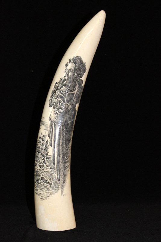 American Scrimshaw Solid Ivory Tusk: American Scrimshaw Solid Ivory Tusk. Measures - 16" high. Depicting whalers at sea and woman overlooking. Weight - 1,645.9 grams. Signed Kathy. THIS LOT IS THIRD QUARTER 20TH CENTURY, OR EARLIER ORIGI