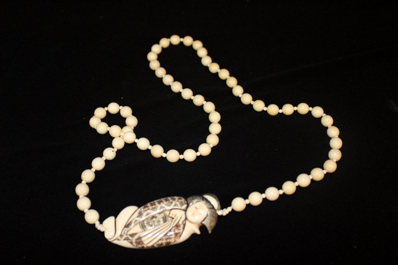 Chinese Carved Ivory Netsuke & Beaded Necklace (1 of 2)