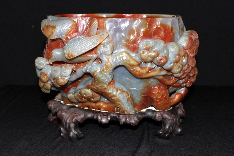 Chinese Carved Carnelian Quartz Snake & Bird Vase (1 of 2)