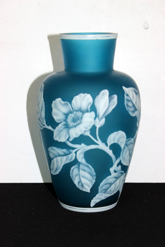 Thomas Webb Blue Cameo Glass Floral Vase: Thomas Webb Blue Cameo Glass Floral Vase. Frosted, Signature butterfly. Measures - 7 1/2" high x 4" diameter.