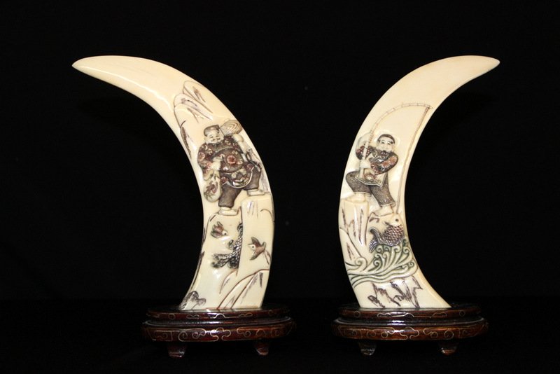 Pair of Chinese Carved Hippo Ivory Tusks (1 of 6)