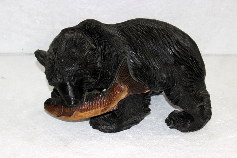 Alaskan Black Forest Carved of Bear & Salmon: Alaskan Black Forest Carved of Bear & Salmon. Bear hunting for salmon. Measures - 8 1/2" high x 14" long.