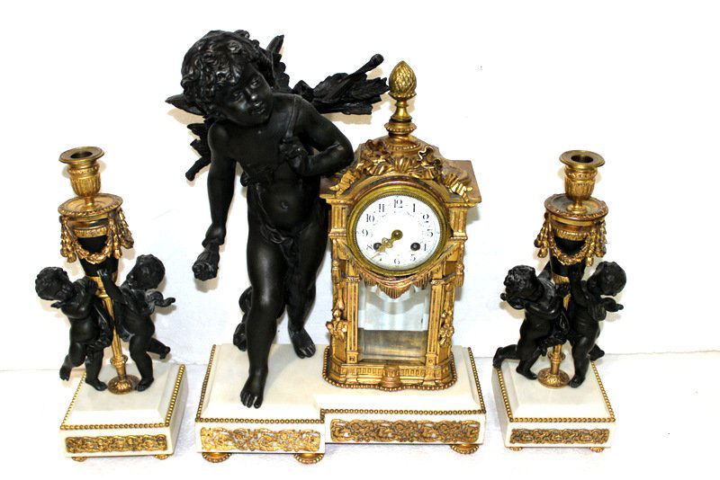 3 Pc. French Bronze & Marble Clock Set (1 of 10)