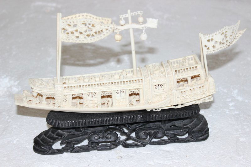 Chinese Intricately Carved Ivory Boat (1 of 8)