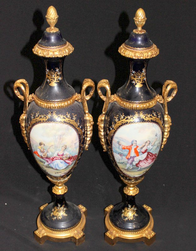 Pair of Sevres Style Bronze & Porcelain Handled Covered (1 of 3)