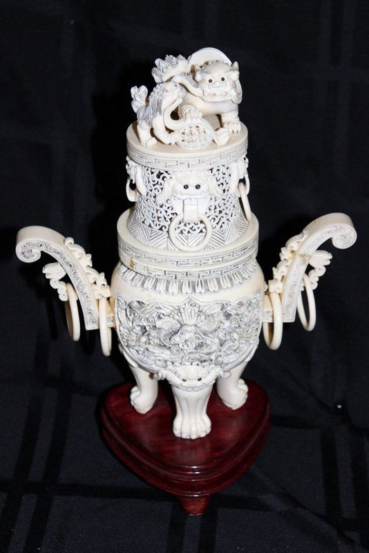 Chinese Intricately Carved Ivory Figural Incense Burner (1 of 9)