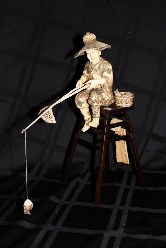 Chinese Carved Hippo Ivory Figure of Fisherman (1 of 9)