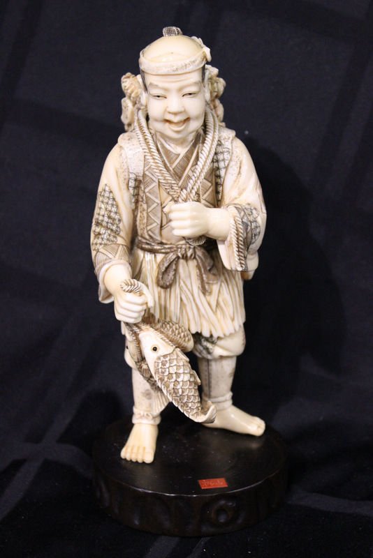 Chinese Carved Hippo Ivory Figure of Fisherman (1 of 7)
