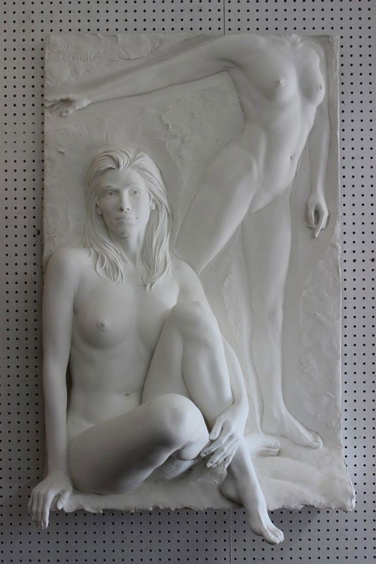 Bill Mack (American b. 1949) "Illusion" Wall Sculpture: Bill Mack (American b. 1949) "Illusion" Wall Sculpture. Depicting sand casting of two beautiful nude women. Numbered #15/75 on top right. Signed top left. Measures - 47 7/8" high x 31 1/2" wide.