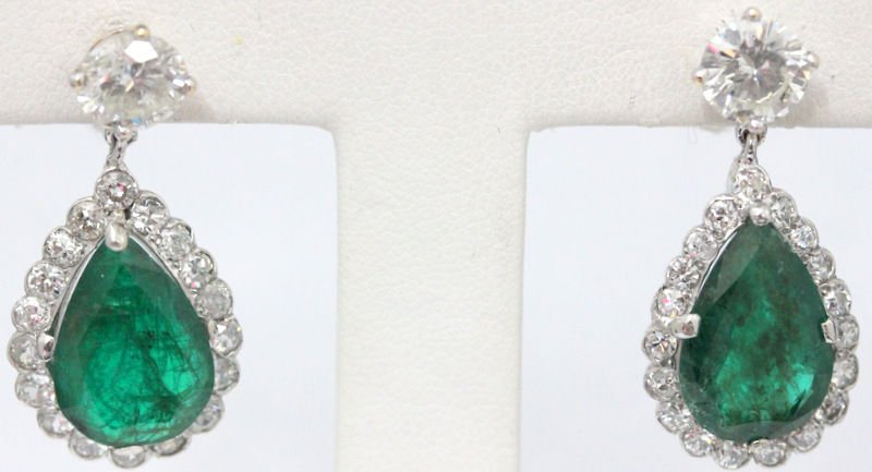 1950's 14Kt WG Diamond & Emerald Ear Pendants 16.61cts. (1 of 4)