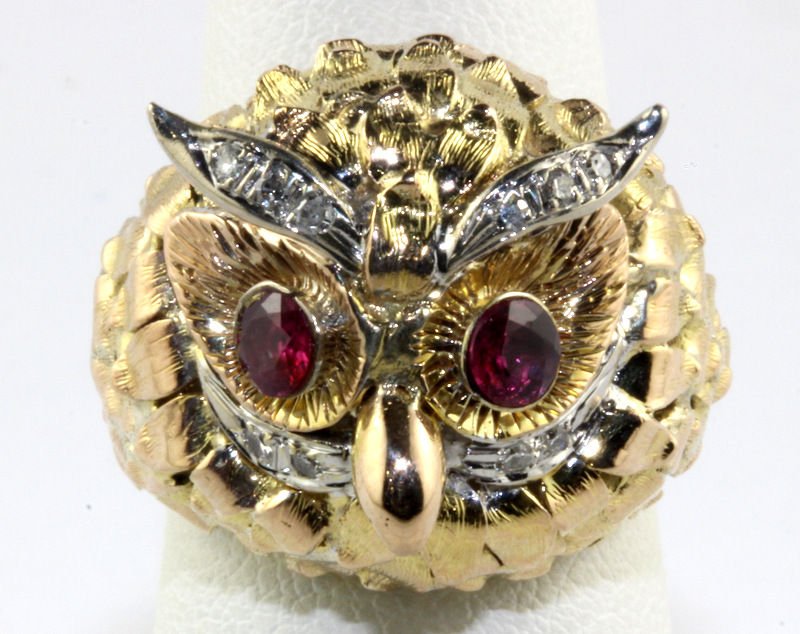 Fine 1970's Diamond & Ruby Owls Ring (1 of 5)