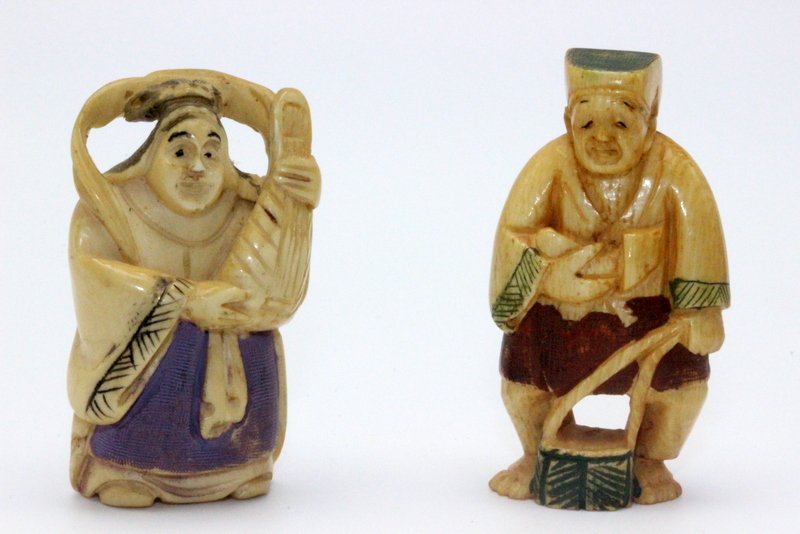 2 Pc. Chinese Carved Polychrome Ivory Netsuke (1 of 6)