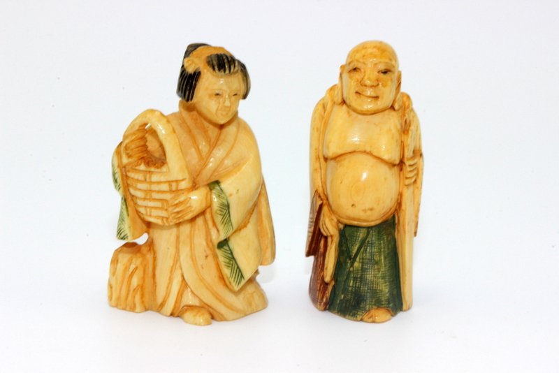 2 Pc. Chinese Carved Polychrome Ivory Netsuke (1 of 6)