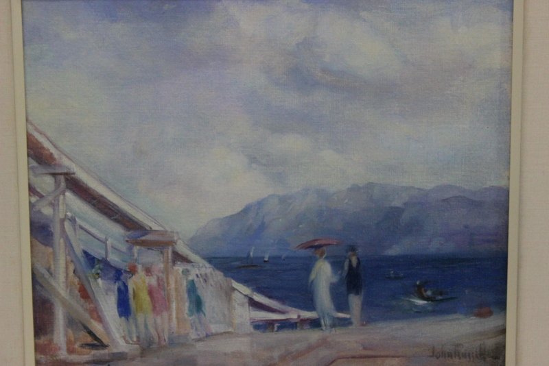 John Wentworth Russell (Canadian 1879-1959) Oil on: John Wentworth Russell (Canadian 1879-1959) Oil on Board. "The Shoot Plage". Measures - 15 5/8" long x 12 3/8" high, + 4 1/4" frame.