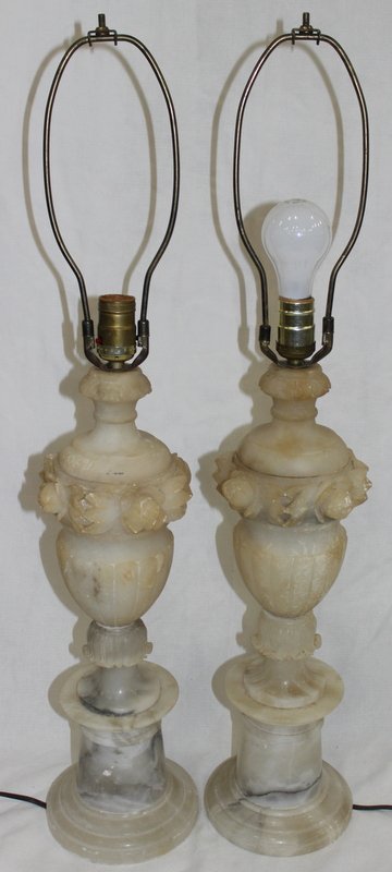 Pair of Alabaster Lamps: Pair of Alabaster Lamps. Floral design. 19 1/4" high, total - 31" high.