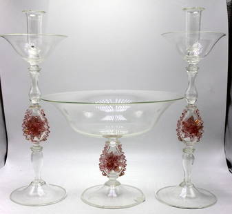 3 Pc. Italian Murano Art Glass Set: 3 Pc. Italian Murano Art Glass Set. Centerpiece - 8 1/2" high x 11 1/2" diameter, candleholders - 15 1/2" High x 5" diameter.