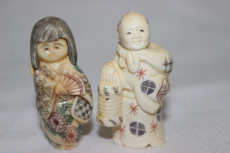 2 Pc. Chinese Carved Polychrome Ivory Netsuke's (1 of 3)