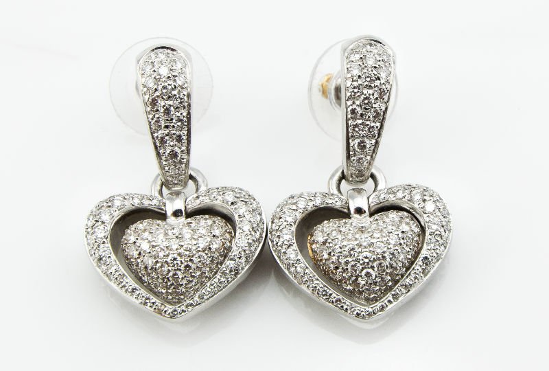 Contemporary 18K Diamond Heart Earrings By Chimento: Contemporary 18K Diamond Heart Earrings By Chimento 3.00Cts, featuring a sectional double heart design pave set with 214 round brilliant cut diamonds weighing approx. 3.00cts combined and set into a h