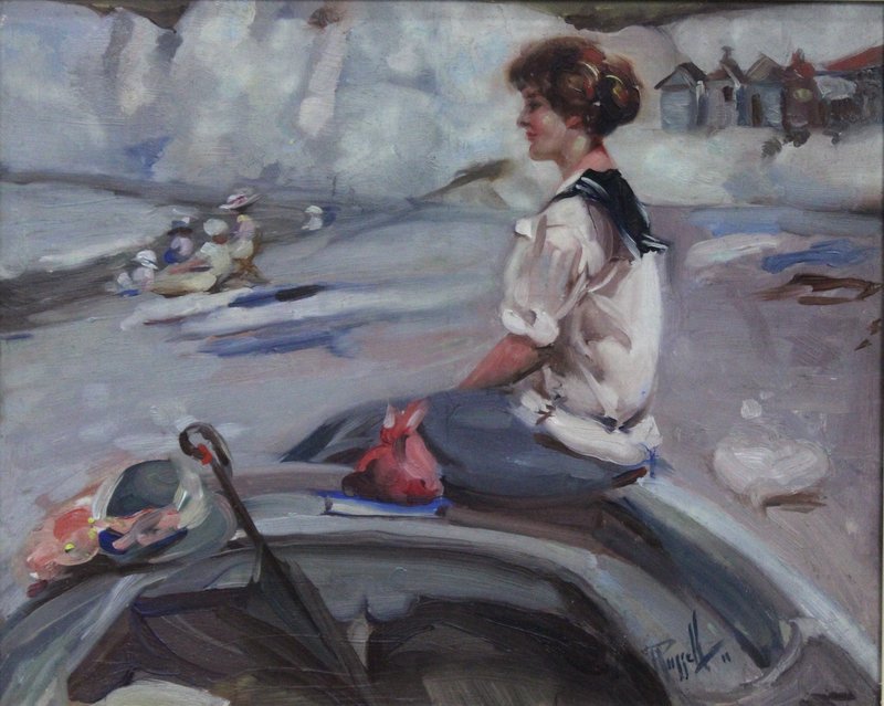 John Wentworth Russell (Canadian 1879-1959) Oil on: John Wentworth Russell (Canadian 1879-1959) Oil on Board. "Sailor Girl". Measures - 15 1/2" long x 12 3/4" high, + 4 1/4" frame.