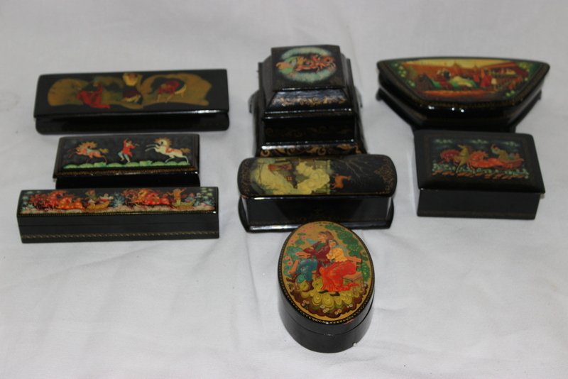 8 Pc. Russian Hand Painted Black Lacquered Boxes (1 of 6)