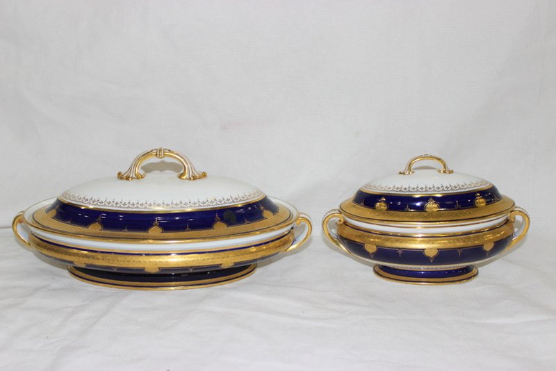 2 Pc. Mintons Bone China Covered Serving Bowls: 2 Pc. Mintons Bone China Covered Serving Bowls. Measures vary - 9" - 12" long.