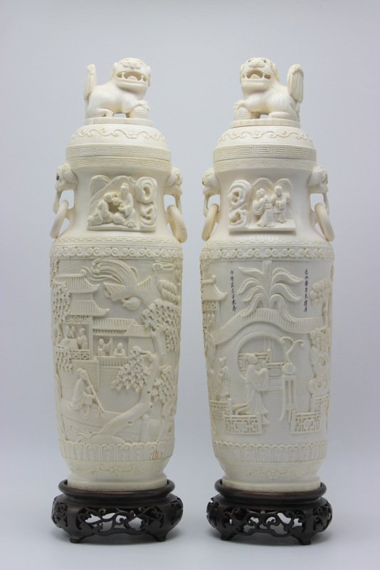 Pair of Chinese Carved Ivory Covered Handled Urns (1 of 9)
