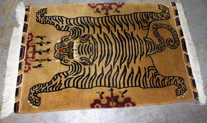 Chinese Oriental Tiger Prayer Rug: Chinese Oriental Tiger Prayer Rug. Measures - 39 7/8" long x 23 5/8" wide.