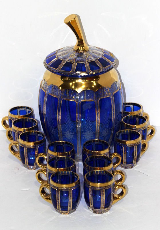 13 Pc. Blue Cut Glass Moser Punch Set (1 of 4)