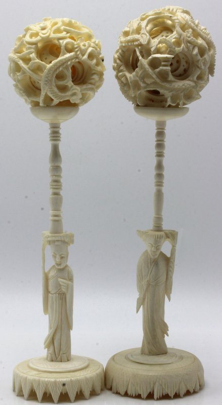 2 Pc. Chinese Carved Ivory Puzzle Ball w/ Stands (1 of 8)
