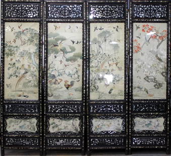 Antique Chinese Silk Embroidery & Mother of Pearl Inlai: Antique Chinese Silk Embroidery & Mother of Pearl Inlaid 4-Panel Screen. Measures 71" high x 19" wide.