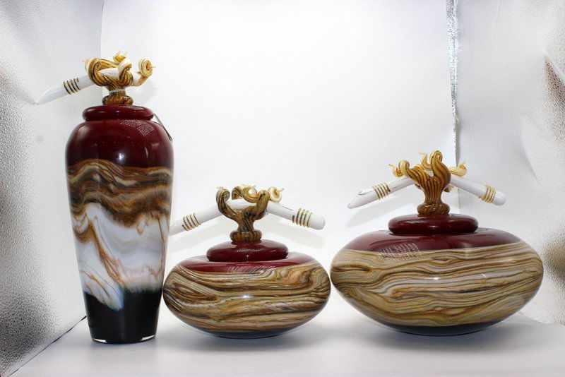 Signed Carl Black Art Glass Covered Bowl & Vase (1 of 9)