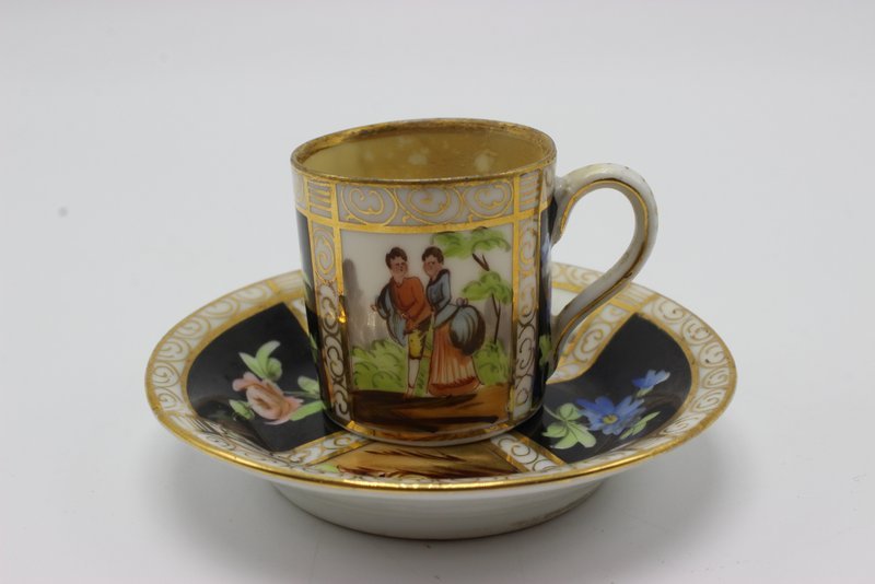Chinese Miniature Hand Painted Porcelain Tea Cup &: Chinese Miniature Hand Painted Porcelain Tea Cup & Saucer. Measures - 2" high.
