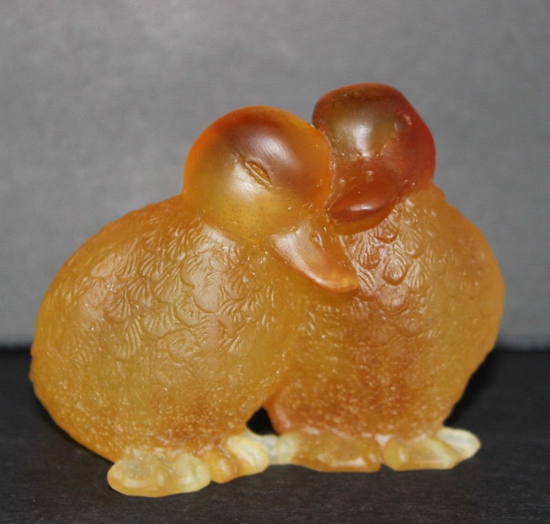 Daum Pate de Verre Amber Crystal Canetons: Daum Pate de Verre Amber Crystal Canetons. Original box & papers. Measures - 2 3/4" high x 3 1/8" wide.