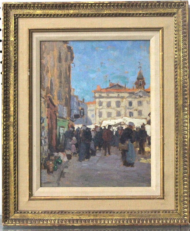 George Browne (1871-1946) Street Market: George Browne (1871-1946) Street Market on Paris Oil on Board. Measures - 20" high x 16 1/2" wide.