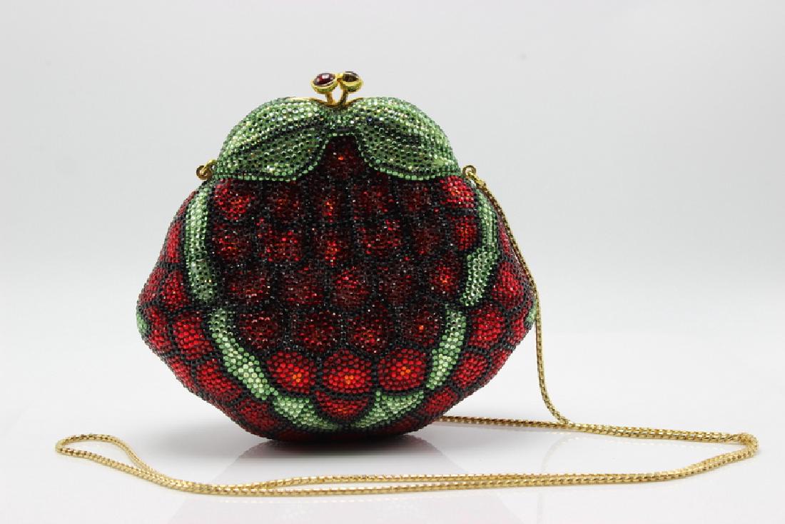 Judith Leiber "Strawberry" Swarovski Crystal Minaudiere: Judith Leiber "Strawberry" Swarovski Crystal Minaudiere. Measures - 5 1/2" high x 5" wide.