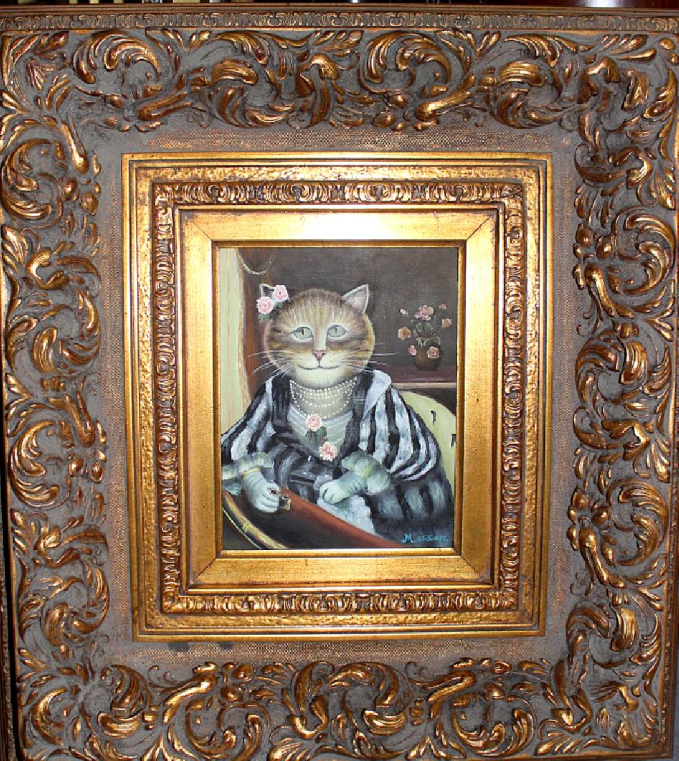 M. Assan Oil on Canvas of a Cat in Human Clothes Framed: M. Assan Oil on Canvas of a Cat in Human Clothes Framed. Picture - 15 1/4" high x 12 1/2" wide, Mat & Frame - 4" wide. Artist Signed.