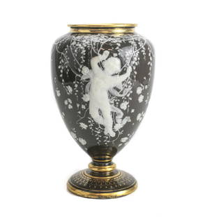 Minton Pate Sur Pate Porcelain Vase Louis Solon: An English late 19th Century Marc Louis Solon pate-sur-pate decorated porcelain vase by Minton. Chocolate brown field with a dancing cherub in white slip along with floral vines and leaves. Signed L S