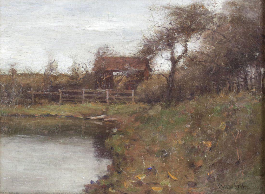 Gustav Wolff (German 1863-1935) Oil On Canvas: An oil on canvas landscape painting by German artist Gustav Wolff, a bdisgression lake in Autumn. Signed (lower right). Measures: 12 x 16 inches (16.5 x 21 inches framed) Domestic Shipping: $60