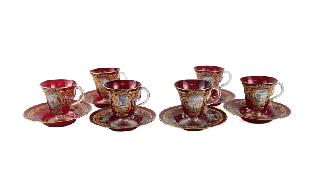 Six Venetian Enameled Glass Cup & Saucers (1 of 3)