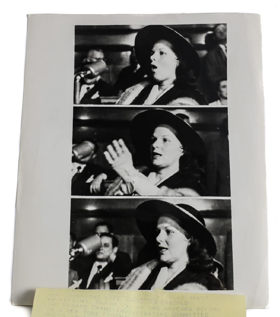 Black & White Photo of Virginia Hill, United Press: A black and white film frame photograph of Virginia Hill taken during the investigated as she appeared before the Senate Crime Investigation Committee. Hill explains that the income she received was f