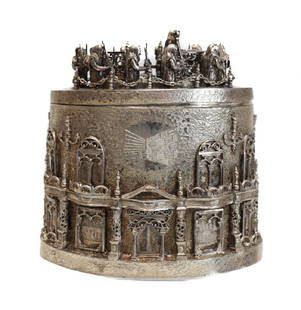 Large Sterling Silver Etrog Box: A large, heavy and impressive etrog box, cast in sterling silver, with applied and hand chased figures intricately depicting a ritual prayer service for Sukkot holding etrog in one hand and lulov in t