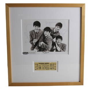 Beatles Photo Signed & Ticket Stub: A signed/autograph photo of The Beatles. Signed by John Lennon, Paul McCartney, Geroge Harrison, and Ringo Starr. Accompanied by Boston's Suffolks Downs concert ticket from August 1966, when the Beatl