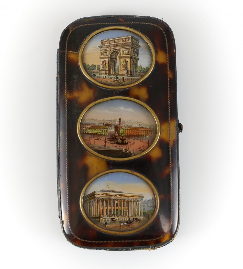 1844 Tortoise Shell Wallet with Silver Inlay and Cameos: An attractive French 19th Century tortoise shell "souvenir" wallet. Beautiful silver and brass in-lay on the reverse and thinly accented across the rim of the frot.. Three Hand Painted and Mother of p