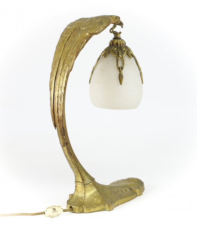 Charles Ranc Gilt Bronze Eagle Lamp w/ Schneider Shade Lot 55