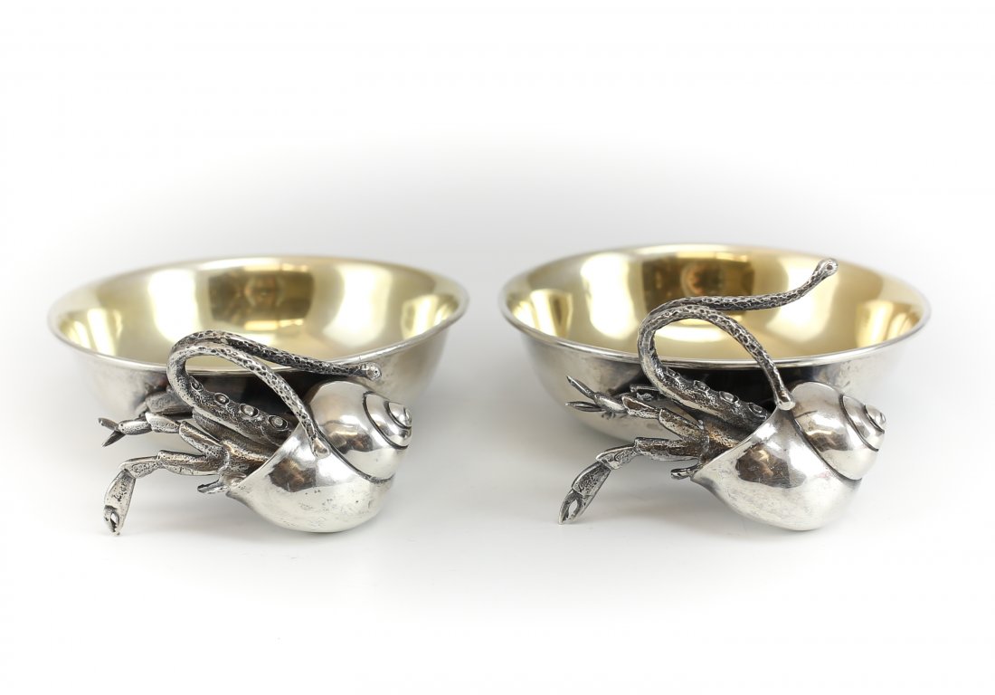 Pair Fratelli Lisi E Figli Sterling Silver Crab Bowls: A pair of Mid Century table bowls realistically modeled as Hermit Crabs with gilt interiors. Executed by silversmiths, the Lisi brothers of Italy. Similar quality and characteristics as Buccellati. Ea