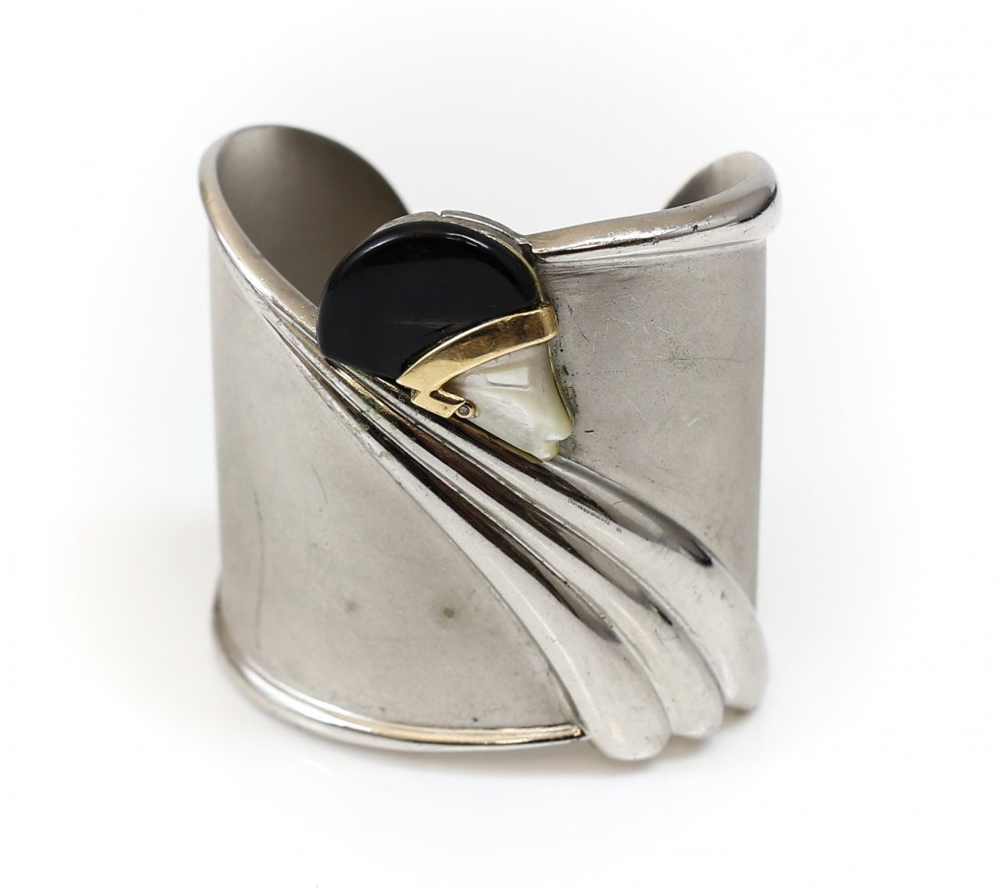 Erte Ltd Ed 14K Gold Diamond Sterling Silver Cuff: Erte Limited Edition 14K Gold, Diamond & Sterling Silver Art Deco Tempest Cuff Bracelet with Mother of Pearl & Onyx. Woman's face is made of mother of pearl, head of hair made of onyx stone, earring i