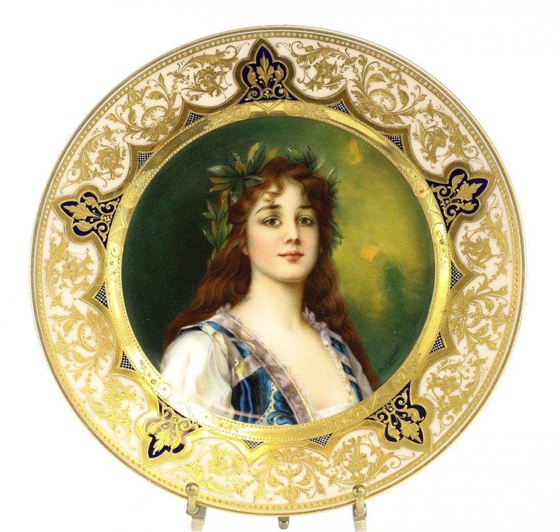 Richard Klemm Dresden Cabinet Portrait Plate: An impressive c.1900 Richard Klemm Dresden porcelain cabinet plate. Features a hand painted portrait of a stunning maiden and titled "Clementine" on the reverse. Raised gilt with cobalt blue borders. 